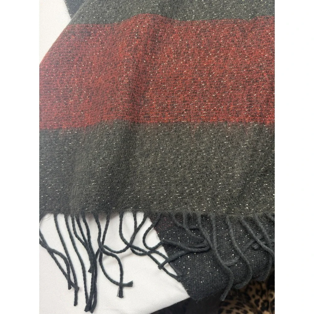 Steve Madden Made in Italy Red Navy Green Metallic Shimmer Striped Fringed Scarf